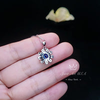 Tiny Blue Sapphire Sunflower Necklace - White Gold Coated Sterling Silver Gemstone Flower Blue Sapphire Pendant - September Birthstone 061