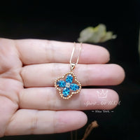 Four-leaf Clover Topaz Necklace - Rose Gold Coated 925 Sterling Silver Flower December Birthstone London Blue Topaz Pendant #142