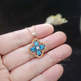 Four-leaf Clover Topaz Necklace - Rose Gold Coated 925 Sterling Silver Flower December Birthstone London Blue Topaz Pendant #142