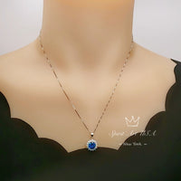 Blue Sapphire Necklace Gemstone Sunflower Pendant 8 mm White Gold Coated Princess Diana Style 2 CT Deep Blue Gemstone Jewelry #283