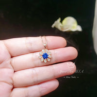 Tiny Blue Sapphire Sunflower Necklace Rose Gold Coated Sterling Silver Gemstone Flower September Birthstone 026