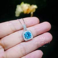 Blue Topaz Necklace - Sterling Silver Square Solitaire November Birthstone Round Topaz Jewelry Gemstone White Gold Plated #276