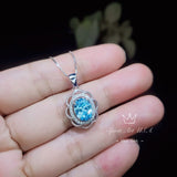 Blue Aquamarine Necklace Silver - March Birthstone - Life Of Flower -Halo Solitaire 2.2 CT - Blue Aquamarine Jewelry #478