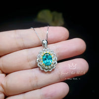 Green Paraiba Tourmaline Necklace - Double Halo Wave Circle - White Gold coated Sterling Silver - Oval 2 Ct Paraiba Pendant #848B