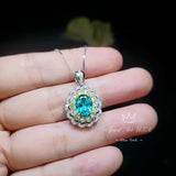 Green Paraiba Tourmaline Necklace - Double Halo Wave Circle - White Gold coated Sterling Silver - Oval 2 Ct Paraiba Pendant #848