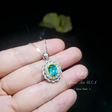 Green Paraiba Tourmaline Necklace - Double Halo Wave Circle - White Gold coated Sterling Silver - Oval 2 Ct Paraiba Pendant #848B