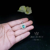 Green Paraiba Tourmaline Necklace - Double Halo Wave Circle - White Gold coated Sterling Silver - Oval 2 Ct Paraiba Pendant #848