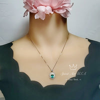 Green Paraiba Tourmaline Necklace - Double Halo Wave Circle - White Gold coated Sterling Silver - Oval 2 Ct Paraiba Pendant #848