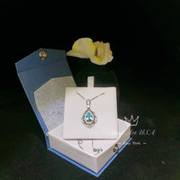 Sky Blue Aquamarine Necklace - Halo Gemstone Leaf Sterling Silver Flower Teardrop Large Aquamarine Pendant White Gold plated Jewelry #709