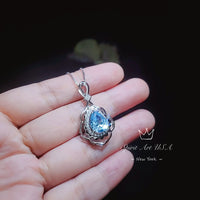 Sky Blue Aquamarine Necklace - Halo Gemstone Leaf Sterling Silver Flower Teardrop Large Aquamarine Pendant White Gold plated Jewelry #709