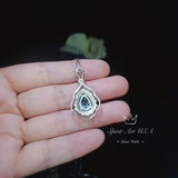 Sky Blue Aquamarine Necklace - Halo Gemstone Leaf Sterling Silver Flower Teardrop Large Aquamarine Pendant White Gold plated Jewelry #709