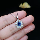 Tiny Blue Sapphire Sunflower Necklace - White Gold Coated Sterling Silver Gemstone Flower Blue Sapphire Pendant - September Birthstone 061