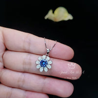 Tiny Blue Sapphire Sunflower Necklace - White Gold Coated Sterling Silver Gemstone Flower Blue Sapphire Pendant - September Birthstone 061