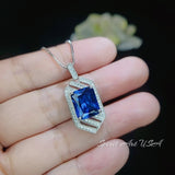 Spacecraft Style Blue Sapphire Necklace - Rectangle Scissor Cut 4.5 CT Deep Blue Sapphire Pendant - White Gold coated Sterling Silver #680