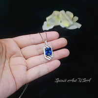 Spacecraft Style Blue Sapphire Necklace - Rectangle Scissor Cut 4.5 CT Deep Blue Sapphire Pendant - White Gold coated Sterling Silver #680