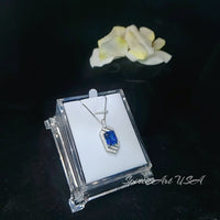 Spacecraft Style Blue Sapphire Necklace - Rectangle Scissor Cut 4.5 CT Deep Blue Sapphire Pendant - White Gold coated Sterling Silver #680