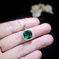 Large Emerald Necklace - Sterling Silver Square 10 mm lab created Green Emerald Pendant - May Birthstone 18KGP #958