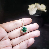 Large Rose Gold Emerald Necklace - 4 CT Round Green Emerald Gemstone Pendant - Sterling Silver Circle Halo Green Gemstone Jewelry #444