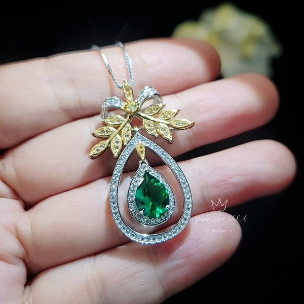 Olive Branch Green Emerald Necklace 18KGP Sterling Silver Peace Tree 2.5 Ct Pear Cut Emerald Pendant - Tree Of Life Emerald Jewelry #853