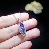 Marquise Amethyst Necklace Sterling Silver - White Gold Coated Double Diamond Halo - Large 3 CT Created Amethyst Pendant Diamond Leaf