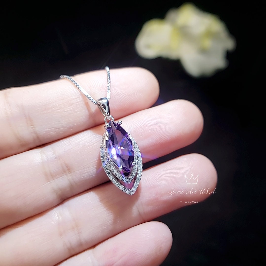 Genuine Marquise Amethyst Necklace, Sterling Silver - White Gold Coated Double Diamond Halo - Large 3 CT Created synthetic Diamond Leaf