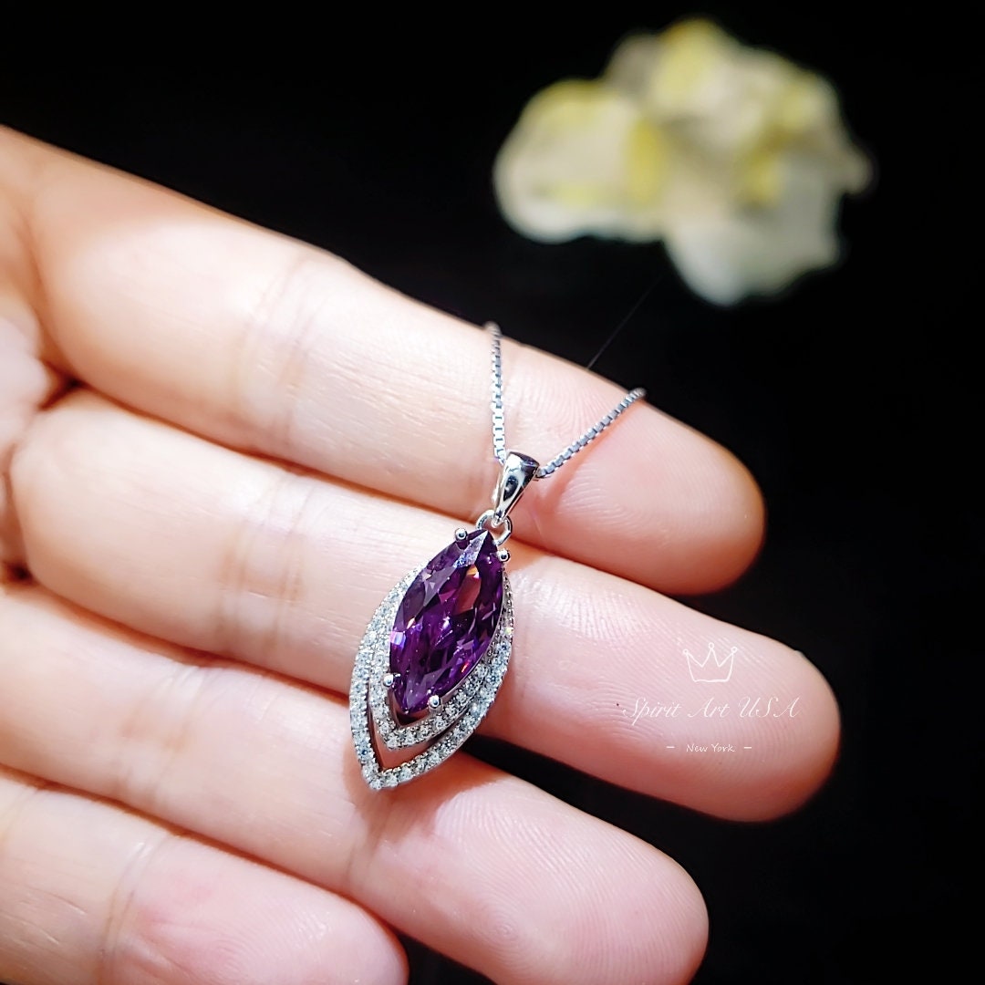 Genuine Marquise Amethyst Necklace, Sterling Silver - White Gold Coated Double Diamond Halo - Large 3 CT Created synthetic Diamond Leaf