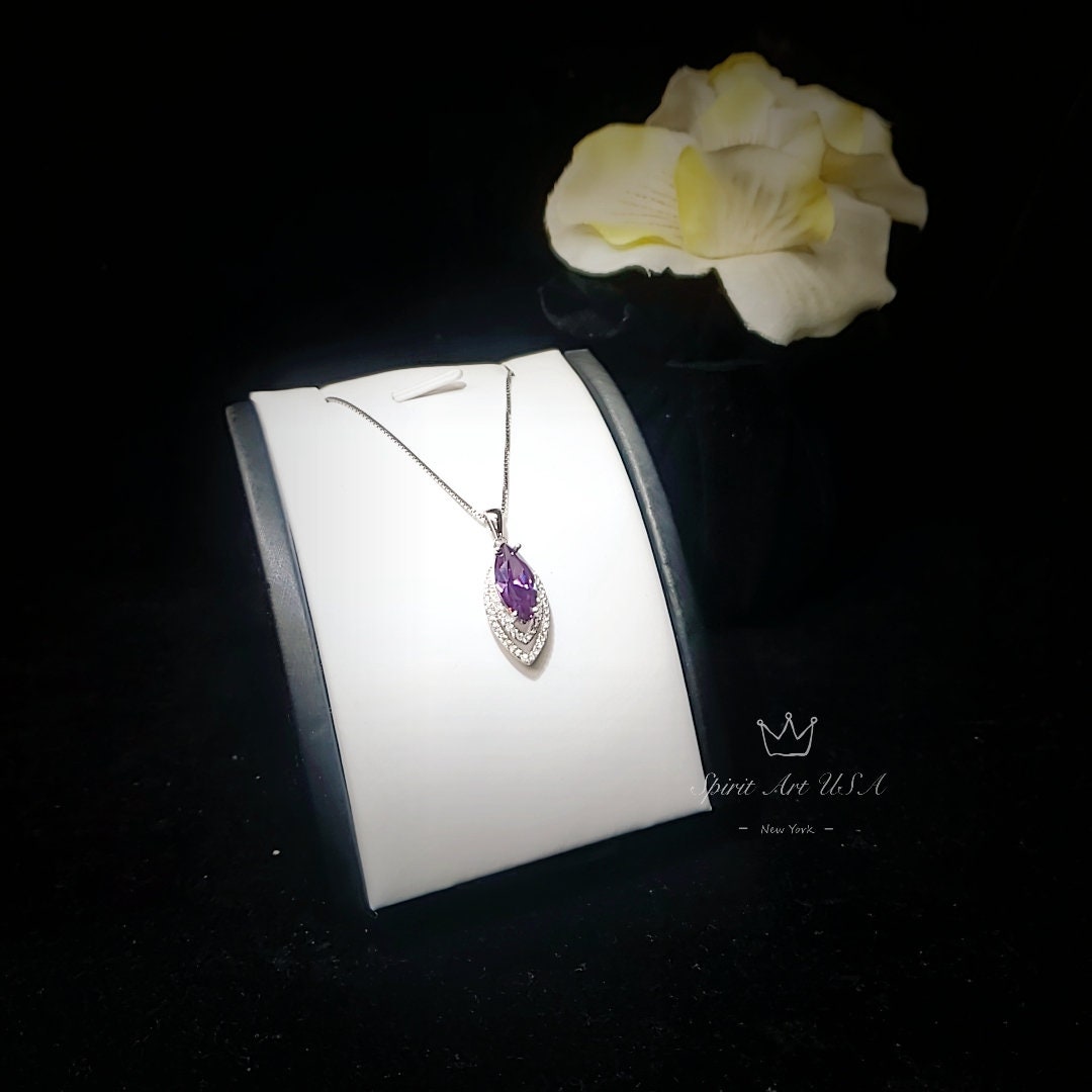 Genuine Marquise Amethyst Necklace, Sterling Silver - White Gold Coated Double Diamond Halo - Large 3 CT Created synthetic Diamond Leaf