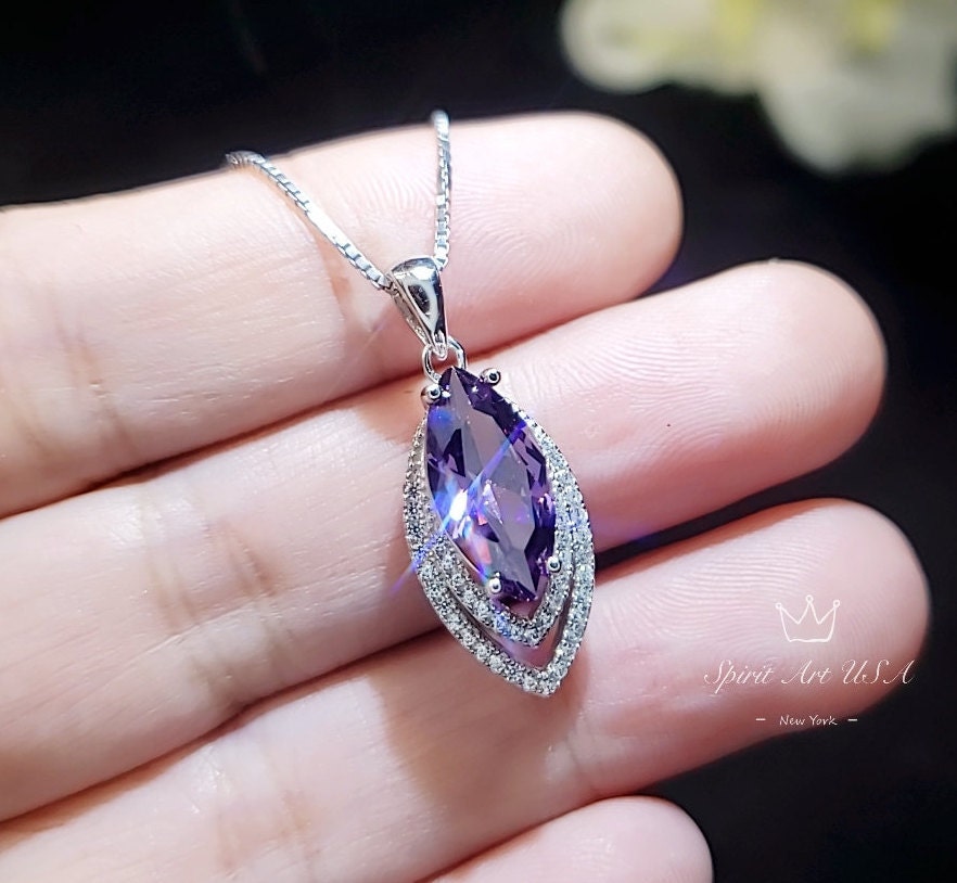 Genuine Marquise Amethyst Necklace, Sterling Silver - White Gold Coated Double Diamond Halo - Large 3 CT Created synthetic Diamond Leaf