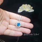 Gemstone Medal Blue Topaz Necklace - Medal of Honor Flower - Sterling Silver Star Celestial Jewelry - Square Blue Topaz Pendant #512