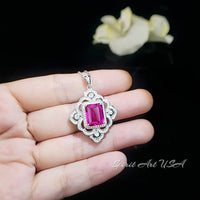 Large Pink Sapphire Necklace Fuchsia Color Gemstone Flower Sterling Silver White Gold Coated - Faceted Rectangle 5 CT Lab Pink Sapphire #819