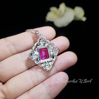 Large Pink Sapphire Necklace Fuchsia Color Gemstone Flower Sterling Silver White Gold Coated - Faceted Rectangle 5 CT Lab Pink Sapphire #819