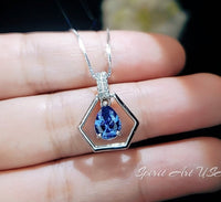 Geometric Blue Sapphire Necklace - Sterling Silver Triangle Gemstone Teardrop 1.2 CT Blue Sapphire Pendant - Tiny Dynamic Jewelry #106