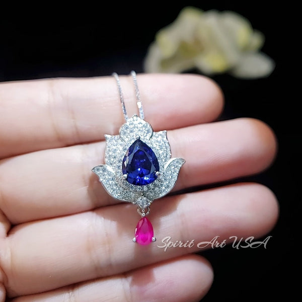 Tanzanite Necklace - Gemstone Lotus Flower Pendant - Sterling Silver - Teardrop Halo Large Deep Blue Tanzanite 2.75 CT #921