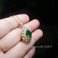 Lily Flower Emerald Necklace - 18KRGP & Sterling Silver - 3 CT Green Emerald Pendant May Birthstone Layered Double Halo Emerald Jewelry #681