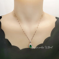 Lily Flower Emerald Necklace - 18KRGP & Sterling Silver - 3 CT Green Emerald Pendant May Birthstone Layered Double Halo Emerald Jewelry #681