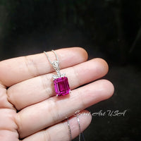 Petal Flower Pink Sapphire Necklace - Fuchsia Color - 18KGP @ Sterling Silver - Faceted Rectangle 5 CT Pink Sapphire #755