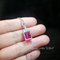 Petal Flower Pink Sapphire Necklace - Fuchsia Color - 18KGP @ Sterling Silver - Faceted Rectangle 5 CT Pink Sapphire #755