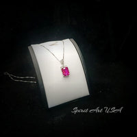 Petal Flower Pink Sapphire Necklace - Fuchsia Color - 18KGP @ Sterling Silver - Faceted Rectangle 5 CT Pink Sapphire #755