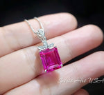 Petal Flower Pink Sapphire Necklace - Fuchsia Color - 18KGP @ Sterling Silver - Faceted Rectangle 5 CT Pink Sapphire #755