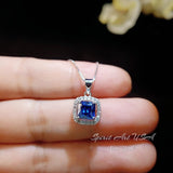 Tiny Square Blue Sapphire Necklace Sterling Silver Halo White Gold Coated September Birthstone Lab Created Minimalist 028