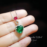 Green Emerald Double Heart Necklace - Gemstone Halo Heart Pendant - Sterling Silver White Gold Plated Lab Emerald Jewelry #732