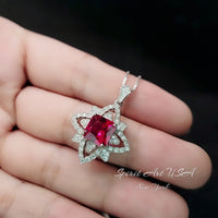 Ruby Necklace Diamond Medal of Honor Flower Necklace Sterling Silver Star Ruby Pendant 3 CT Lab Created Ruby Gemstone Four Petal Flower #514