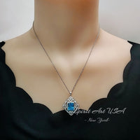 Large Blue Topaz Necklace - Faceted Rectangle 5 CT Swiss Blue Topaz Pendant - Gemstone Flower of Prosperity - 18kGP Sterling Silver #893