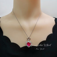 Pink Sapphire Heart Necklace 18KGP @ 925 Sterling Silver - Large 7 CT Fuchsia Heart - Royal Crown - Double Halo Large Pink Sapphire #841