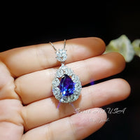 Teardrop Tanzanite Necklace - 18 k White Gold @ Sterling Silver - 3 CT Blue Tanzanite - Gemstone Flower December Birthstone #900