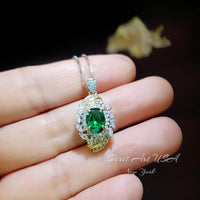 Oval Emerald Necklace - Life Spiral 1.5 CT Green Gemstone Pendant Spiritual Gemstone Flower Silver Gold Halo May Birthstone #641