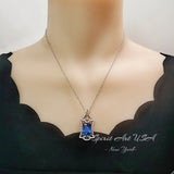 Large Blue Sapphire Necklace - Full Sterling Silver Diamond Royal Flower Pendant -10 Ct Rectangle Lab Created Blue Sapphire Geometric #845