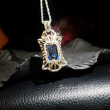 Large Blue Sapphire Necklace - Full Sterling Silver Diamond Royal Flower Pendant -10 Ct Rectangle Lab Created Blue Sapphire Geometric #845