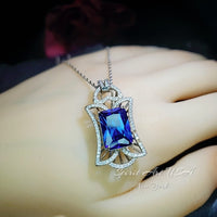 Large Blue Sapphire Necklace - Full Sterling Silver Diamond Royal Flower Pendant -10 Ct Rectangle Lab Created Blue Sapphire Geometric #845