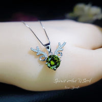 Peridot Necklace - Antler Deer Style 18KGP @ Sterling Silver - 2 CT Green Peridot Pendant - Olivine Heart Stone August Birthstone #203